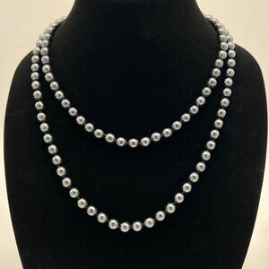 Vintage Double-Strand Faux Gray Pearl Necklace With Gold-Tone Clasp 24.5" & 20"